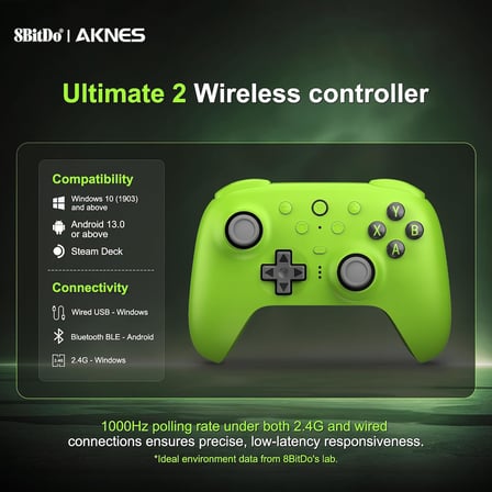 8BitDo Ultimate 2 Kablosuz Kumanda, Windows/Android/Steam için, TMR Joysticks, 1000Hz Sorgulama Oranı, Dokunmatik/Salon Tetikleri, Hareket Kontrolü, L4/R4 ve 2 Programlanabilir Arka Düğme