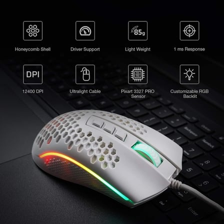 M808 Storm Ultralight Kablolu Oyun Faresi, 85g Hafif Petek Kabuk - 12.400'e Kadar Ayarlanabilir DPI - Optik Sensör - 7 Programlanabilir Düğme - PC Oyuncuları için - Beyaz