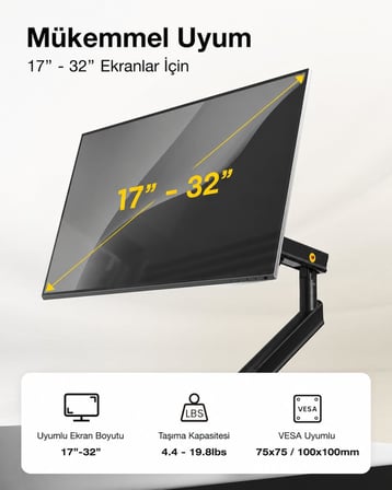 North Bayou NB Ergonomic A5-B 17''-32'' Tek Kol 2-9 kg Vesa Uyumlu Monitör Standı Yeni Model