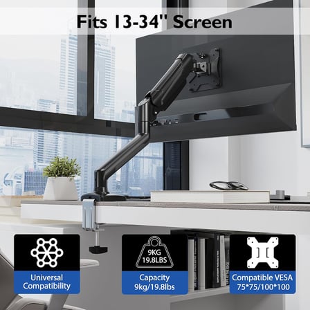13-32 İnç Gazlı Amortisörlü Tekli Monitör Kolu, 12 kg’a Kadar, Tam Hareketli, VESA 75x75/100x100