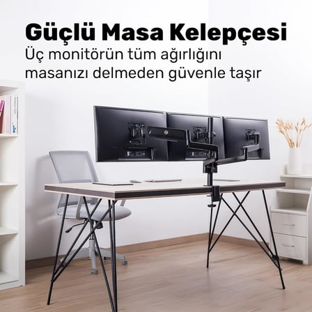 STD48036E 17"-27" Üçlü Ergonomik Monitör Kolu, 3 Ekranlı Amortisörlü Stand, 360 Pivot VESA Tutucu, Trader/Yazılımcı Kurulumu (3x7kg)