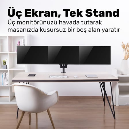 STD48036E 17"-27" Üçlü Ergonomik Monitör Kolu, 3 Ekranlı Amortisörlü Stand, 360 Pivot VESA Tutucu, Trader/Yazılımcı Kurulumu (3x7kg)