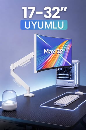 Tek Kollu Monitör Kolu VESA Uyumlu Hareket Ayarlanabilir Monitör Standı 17-32" 9KG Kapasite Beyaz