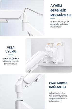 Tek Kollu Monitör Kolu VESA Uyumlu Hareket Ayarlanabilir Monitör Standı 17-32" 9KG Kapasite Beyaz
