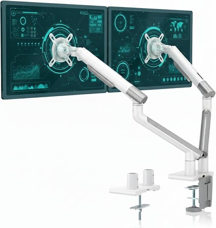 STD49024W Elysium 17"-32" Çift Monitör Kolu, Ultra İnce Alüminyum Amortisörlü Stand, 2x9kg VESA Tutucu, Beyaz