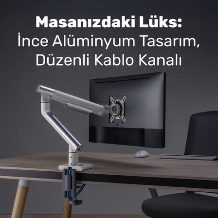 STD49012UW 17"-32" Ultra Slim Alüminyum Monitör Kolu, 2xUSB Portlu Amortisörlü VESA Tutucu, Ergonomik 360 Pivot (9kg)