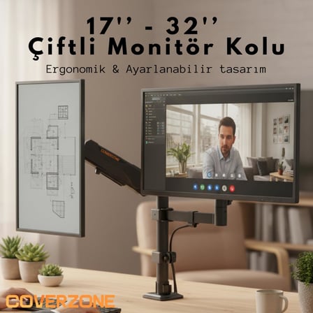 17–32 İnç Amortisörlü Çiftli Pivot Monitör Kolu, Gazlı Yaylı, 2–9 Kg, Çift Montaj Seçeneği Sıkıştırma ve Vidalama, 360° Döner, VESA Uyumlu Stant, M01, Siyah