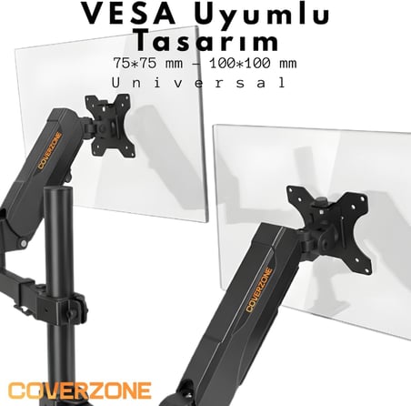 17–32 İnç Amortisörlü Çiftli Pivot Monitör Kolu, Gazlı Yaylı, 2–9 Kg, Çift Montaj Seçeneği Sıkıştırma ve Vidalama, 360° Döner, VESA Uyumlu Stant, M01, Siyah