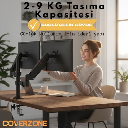 17–32 İnç Amortisörlü Çiftli Pivot Monitör Kolu, Gazlı Yaylı, 2–9 Kg, Çift Montaj Seçeneği Sıkıştırma ve Vidalama, 360° Döner, VESA Uyumlu Stant, M01, Siyah