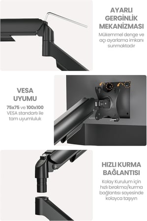 Monitör Kolu VESA Uyumlu Hareket Ayarlanabilir Monitör Standı 17-32" 9KG Kapasite Tutucu (Tek Kollu)