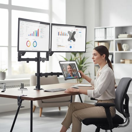 17–32 İnç Amortisörlü Çiftli Pivot Monitör Kolu ve Tablet Kollu, Gazlı Yaylı, 2–9 Kg, Çift Montaj Seçeneği Sıkıştırma ve Vidalama, 360° Döner, VESA Uyumlu Stant, M03, Siyah