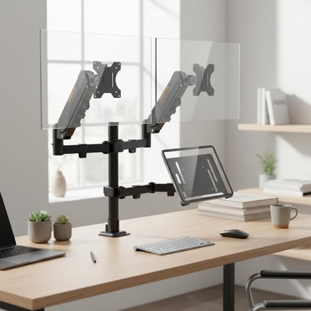 17–32 İnç Amortisörlü Çiftli Pivot Monitör Kolu ve Tablet Kollu, Gazlı Yaylı, 2–9 Kg, Çift Montaj Seçeneği Sıkıştırma ve Vidalama, 360° Döner, VESA Uyumlu Stant, M03, Siyah