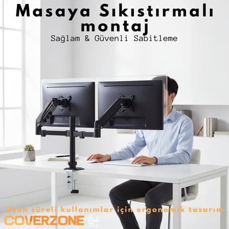 17–32 İnç Amortisörlü Çiftli Pivot Monitör Kolu, Gazlı Yaylı, 2–9 Kg, Çift Montaj Seçeneği Sıkıştırma ve Vidalama, 360° Döner, VESA Uyumlu Stant, M02, Siyah