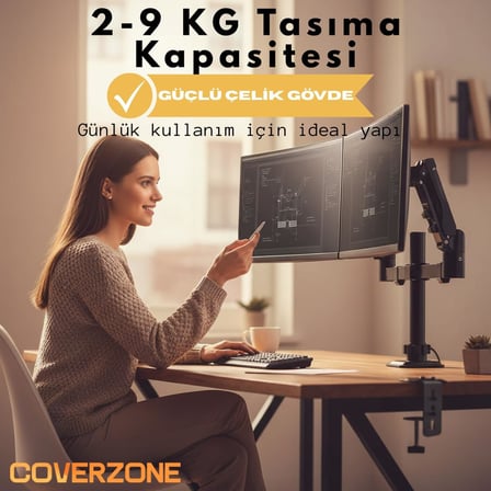 17–32 İnç Amortisörlü Çiftli Pivot Monitör Kolu, Gazlı Yaylı, 2–9 Kg, Çift Montaj Seçeneği Sıkıştırma ve Vidalama, 360° Döner, VESA Uyumlu Stant, M02, Siyah