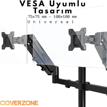17–32 İnç Amortisörlü Çiftli Pivot Monitör Kolu, Gazlı Yaylı, 2–9 Kg, Çift Montaj Seçeneği Sıkıştırma ve Vidalama, 360° Döner, VESA Uyumlu Stant, M02, Siyah