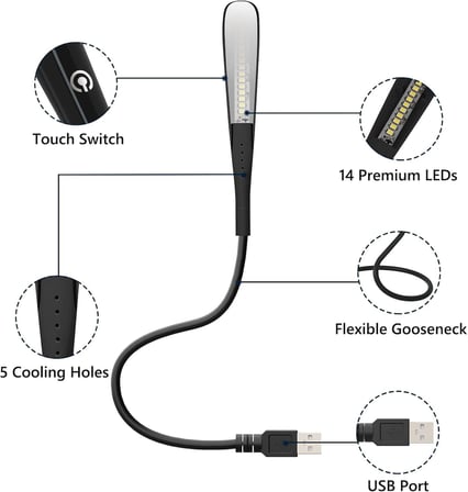 USB lamba, kısılabilir USB ışık, 2,8W esnek klavye ışığı, PC bilgisayar için, 14 LED inci, 3 kademeli ayarlanabilir parlaklık, açma/kapama dokunmatik şalteri, D10 USB LED (Siyah)