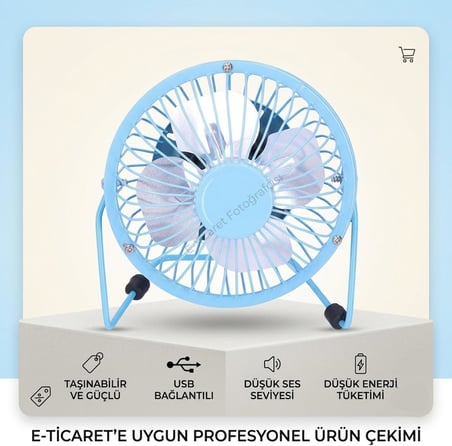 Masaüstü Metal USB Fan, 360 Derece Dönüş, 90 cm Kablo