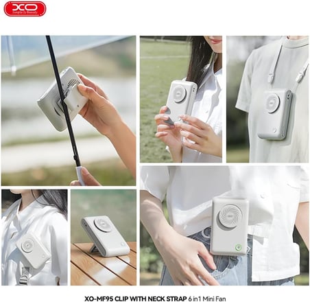 6in1 Taşınabilir Mini Fan – 2000mAh Şarjlı, Klipsli Bebek Arabası ve Çalışma Masası Uyumlu, Masaüstü Braketi ile 9 Saat Çalışma, 3 Hız Modu, Katlanabilir Tasarım, MF95, Beyaz
