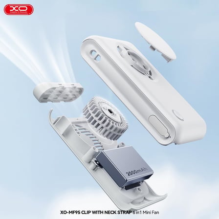 6in1 Taşınabilir Mini Fan – 2000mAh Şarjlı, Klipsli Bebek Arabası ve Çalışma Masası Uyumlu, Masaüstü Braketi ile 9 Saat Çalışma, 3 Hız Modu, Katlanabilir Tasarım, MF95, Beyaz