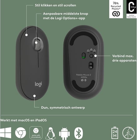 M350s Pebble Mouse 2 İnce Bluetooth Kablosuz Mouse, Taşınabilir, Hafif, Özelleştirilebilir Tuş, Sessiz Tıklama, Windows, macOS, iPadOS, Android, Chrome İşletim Sistemleri, Easy-Switch, Siyah