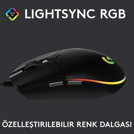 G102 Kablolu Oyuncu Mouse, LIGHTSYNC RGB Aydınlatma, 8.000 DPI, 6 Programlanabilir Tuş, Siyah