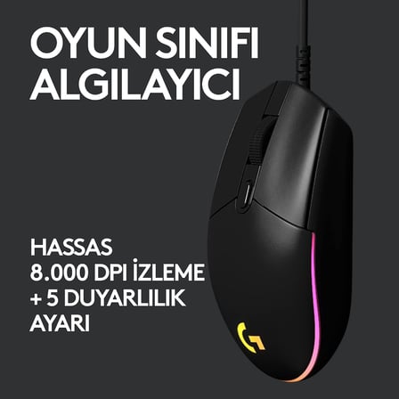 G102 Kablolu Oyuncu Mouse, LIGHTSYNC RGB Aydınlatma, 8.000 DPI, 6 Programlanabilir Tuş, Siyah
