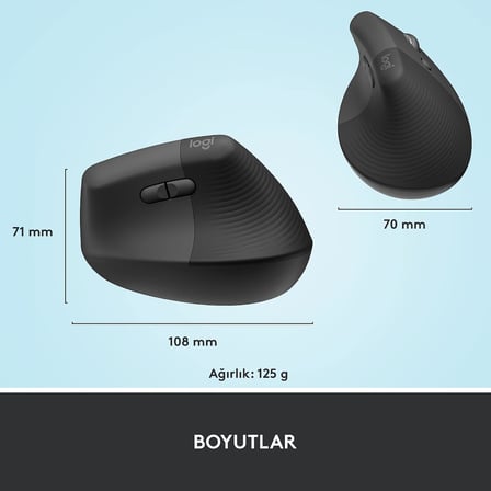 Lift Kablosuz Ergonomik Dikey Mouse, 57° Dikey Açı, 4000 DPI, Sessiz, Küçük ve Orta Eller İçin, Bluetooth, Logi Bolt USB Alıcı, 24 Ay Pil Ömrü, Siyah