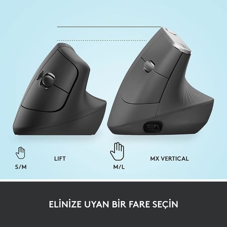 Lift Kablosuz Ergonomik Dikey Mouse, 57° Dikey Açı, 4000 DPI, Sessiz, Küçük ve Orta Eller İçin, Bluetooth, Logi Bolt USB Alıcı, 24 Ay Pil Ömrü, Siyah
