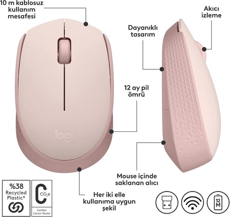 M171 Kablosuz Mouse, Pc, Mac, Dizüstü Bilgisayar İçin, 2,4 Ghz, Usb Mini Alıcılı, Optik İ̇Zleme, 12 Aylık Pil Ömrü, Sağ Ve Sol Elle Kullanıma Uygun, Pembe