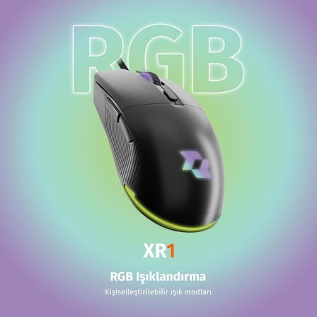 XR1 Kablolu Oyuncu Mouse, 12800 DPI, RGB Aydınlatma, 6 Tuş, Ergonomik Tasarım, PC ve Laptop Uyumlu, Gaming Fare Siyah