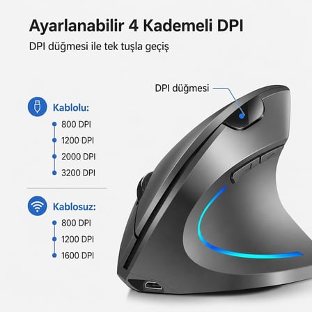 Ergonomik Dikey Kablosuz Mouse, 2.4 GHz USB Alıcı ve Bluetooth Bağlantılı, Type-C Şarjlı, 6 Tuşlu, Ayarlanabilir DPI, Windows Mac Linux Uyumlu | 7043 Siyah