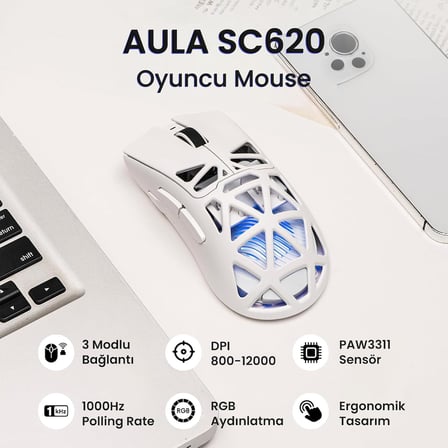 SC620 PAW3311 Sensör 12000 DPI 1000Hz Kablolu ve Kablosuz Gaming Oyuncu Mouse Beyaz