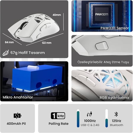 SC620 PAW3311 Sensör 12000 DPI 1000Hz Kablolu ve Kablosuz Gaming Oyuncu Mouse Beyaz