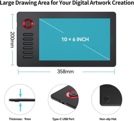 A15 Pro 10x6 İnç Profesyonel Grafik Tablet, 16384 Yüksek Seviye Basınç Hassasiyetli Profesyonel 5080 LPI Grafik Tasarım Tablet+ Kalem
