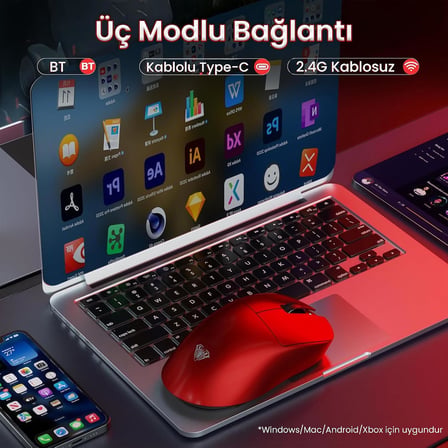SC900 Max PAW3950 Sensör 30000 DPI 8000Hz Kablolu ve Kablosuz Gaming Oyuncu Mouse Kırmızı