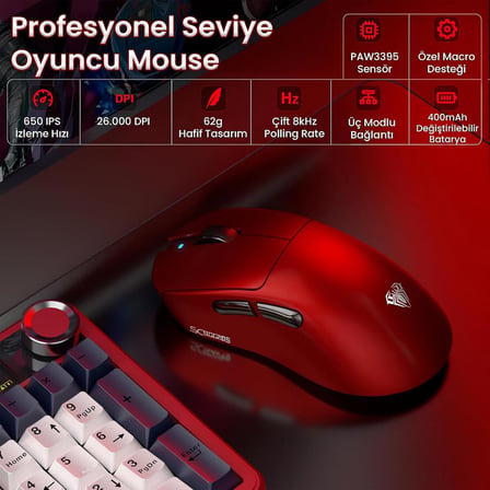SC900 Max PAW3950 Sensör 30000 DPI 8000Hz Kablolu ve Kablosuz Gaming Oyuncu Mouse Kırmızı
