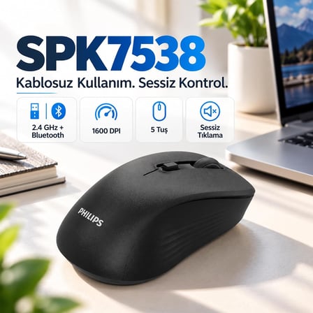 SPK7538 Kablosuz Mouse, 2.4 GHz + Bluetooth 3.0/5.2, 800/1200/1600 DPI, Sessiz Tıklama, 5 Tuş, 3 Milyon Tıklama, 62g, Windows Android macOS Uyumlu, Siyah