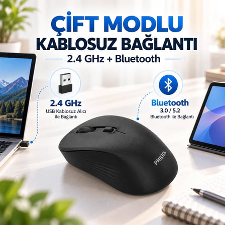 SPK7538 Kablosuz Mouse, 2.4 GHz + Bluetooth 3.0/5.2, 800/1200/1600 DPI, Sessiz Tıklama, 5 Tuş, 3 Milyon Tıklama, 62g, Windows Android macOS Uyumlu, Siyah