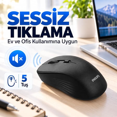 SPK7538 Kablosuz Mouse, 2.4 GHz + Bluetooth 3.0/5.2, 800/1200/1600 DPI, Sessiz Tıklama, 5 Tuş, 3 Milyon Tıklama, 62g, Windows Android macOS Uyumlu, Siyah