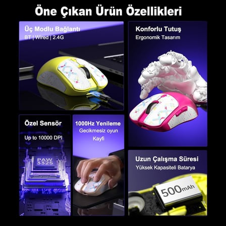 SC580X Kablolu ve Kablosuz Gaming Oyuncu Mouse Beyaz PAW3311 Sensör 10000 DPI 1000Hz Hafif