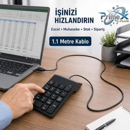 PrimeX PX-1864 USB 2.0 Siyah Kablolu Numerik Klavye Keypad, USB Sayısal Tuş Takımı, PC Laptop Notebook İçin Kablolu NumPad, Ev Ofis Muhasebe Excel Veri Girişi Kullanımına Uygun