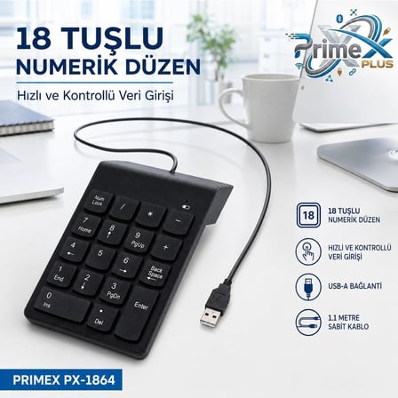 PrimeX PX-1864 USB 2.0 Siyah Kablolu Numerik Klavye Keypad, USB Sayısal Tuş Takımı, PC Laptop Notebook İçin Kablolu NumPad, Ev Ofis Muhasebe Excel Veri Girişi Kullanımına Uygun