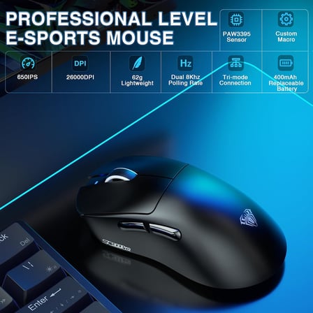 SC900 Pro PAW3395 Sensör 26000 DPI 8000Hz Kablolu ve Kablosuz Gaming Oyuncu Mouse Siyah