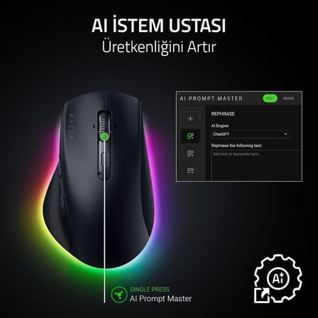 Pro Click V2 - Kablosuz ergonomik mouse - AI Prompt Assist - 30K Optik Sensör - 3,5 ay pil ömrü (14 bölgeli Chroma RGB, HyperScroll eğilebilir mouse tekerleği) Siyah