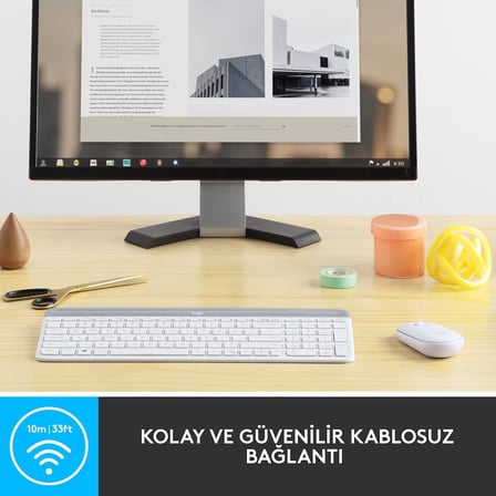 MK470 Slim Combo Kablosuz Klavye Mouse Seti, 12 FN Kısayolu ile Kompakt Klavye, Sağ ve Sol Elle Kullanılabilir, 10 m Kullanım Mesafesi, Sessiz, Türkçe Q Klavye, Beyaz