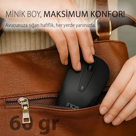 INCA IWM-311ST SıLENT WİRELESS MOUSE SİYAH,Komple Rubber Soft Yüzey,Sessiz Tuş,Ergonomik Dizayn, Konforlu Dokunuş Hissi,1600Dpı, Nano Usb Alıcı, 10m Çekim,Uzun Pil Ömrü, Enerji Tasarrufu Uyku Modu