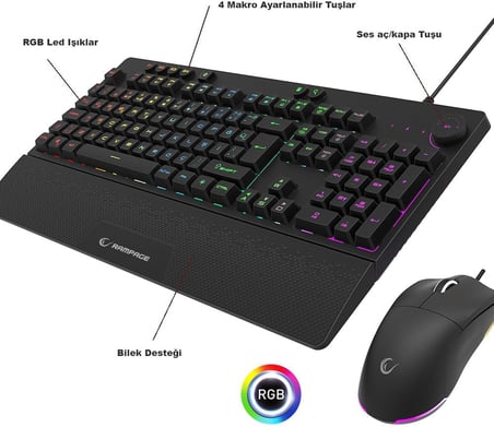Rampage Eclipse Siyah Usb RGB Aydınlatmalı Q Gaming 4 Tuş Makrolu Oyuncu Klavye Mouse Set