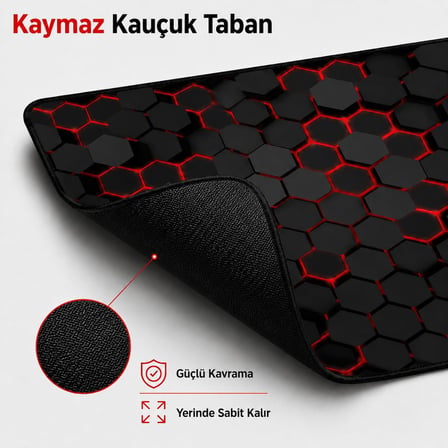 90x40 cm Mouse Pad, Neon Kırmızı Petek Desenli Büyük Mouse Pad, Kaymaz Kauçuk Tabanlı, Dikişli Kenarlı 3 mm Klavye ve Mouse Altlığı, XXL Desk Mat