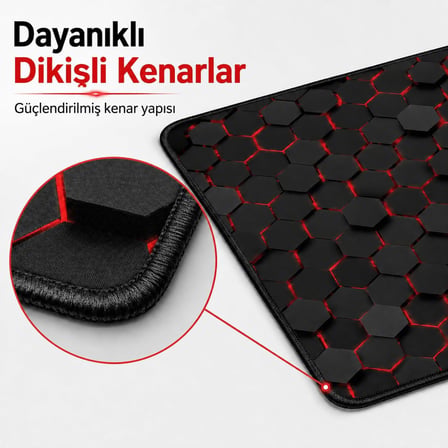 90x40 cm Mouse Pad, Neon Kırmızı Petek Desenli Büyük Mouse Pad, Kaymaz Kauçuk Tabanlı, Dikişli Kenarlı 3 mm Klavye ve Mouse Altlığı, XXL Desk Mat