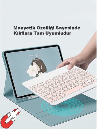 Mk-4 Kablosuz Ergonomik Apple-Android-Windows Manyetik Tablet Kılıf Uyumlu Klavye Mouse Kiti(Türkçe Q Klavye) (PEMBE)